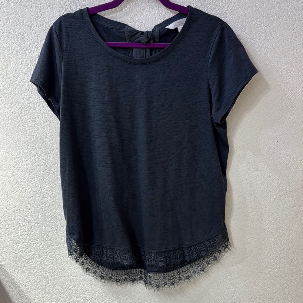 Elegant Navy Lace Hem Women's Top
